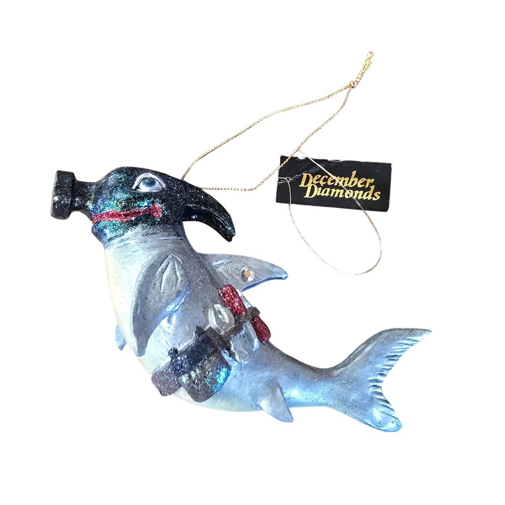 December Diamonds Hammerhead Shark Ornament Unisex OS Blue Glitter Nautical Xmas